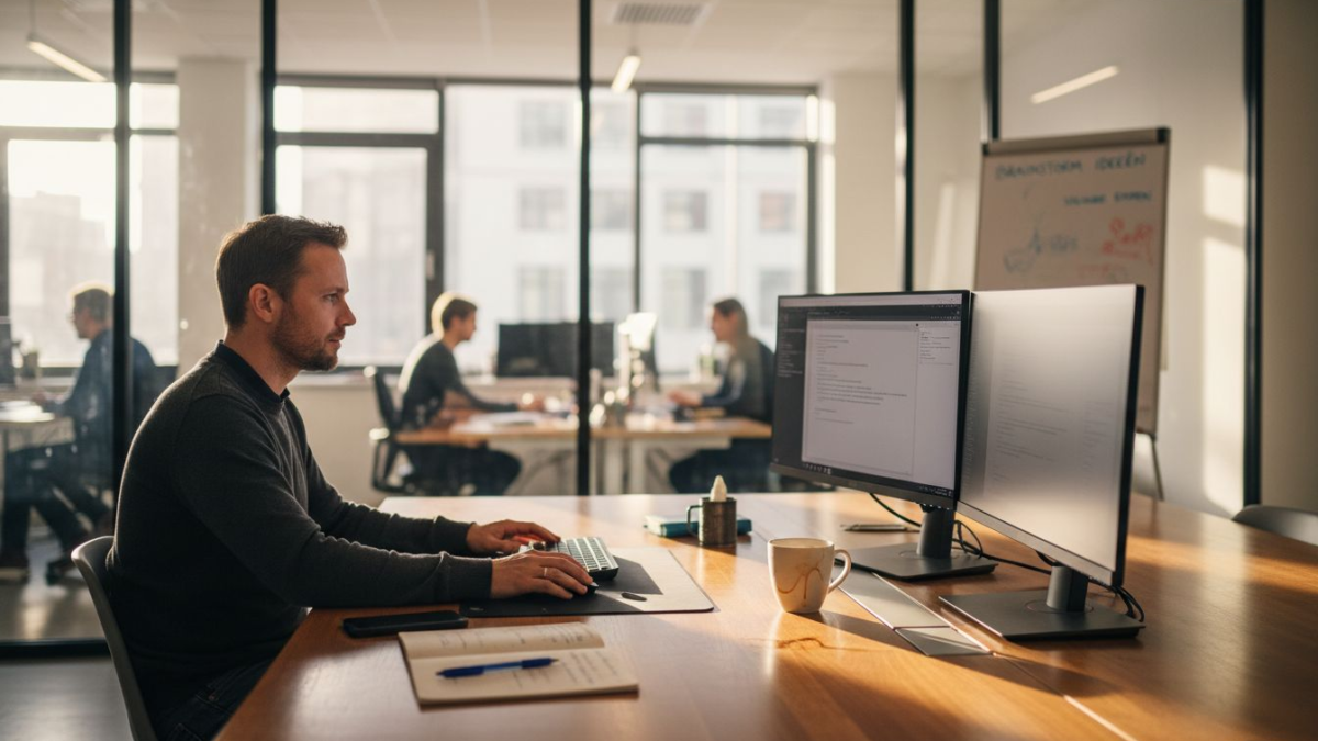 Een man zit achter zijn bureau aandachtig de statistieken van Google Ads te bekijken.