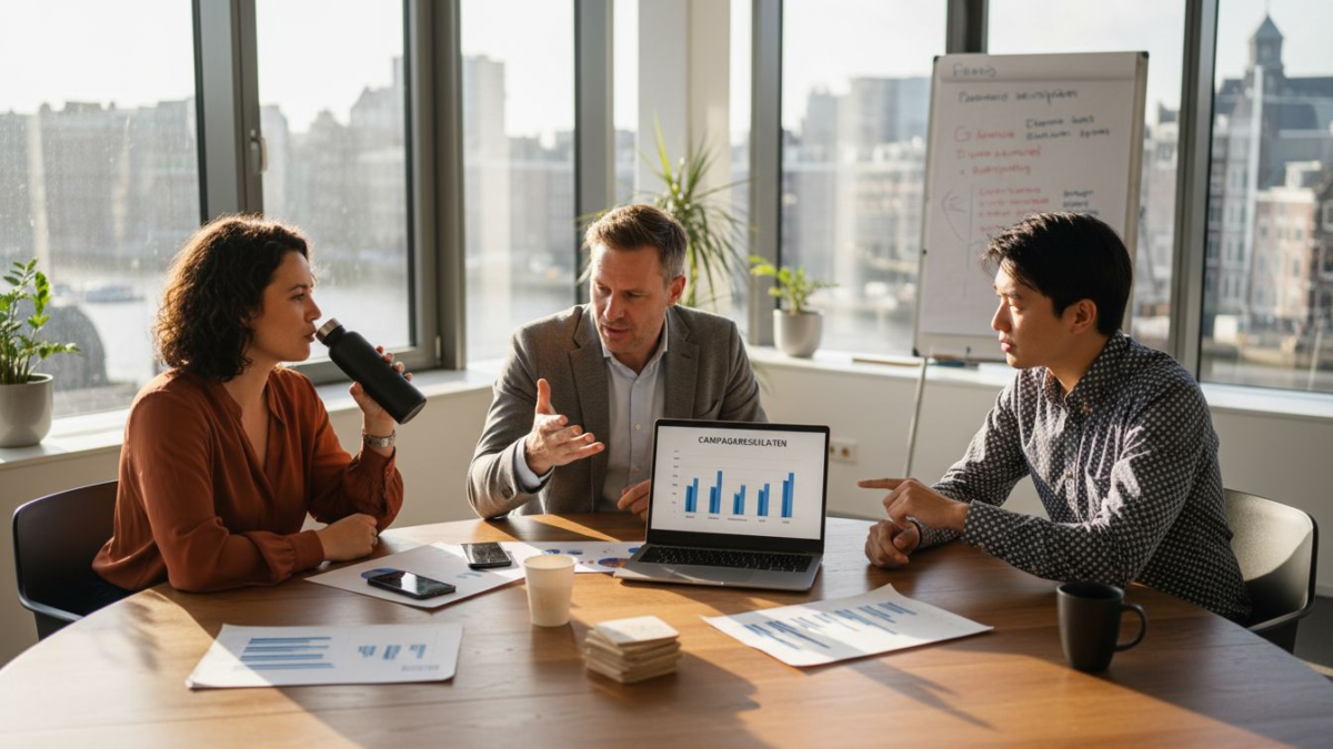 Het marketingteam overlegt samen in een zonnige kantoorruimte.