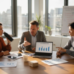 Het marketingteam overlegt samen in een zonnige kantoorruimte.