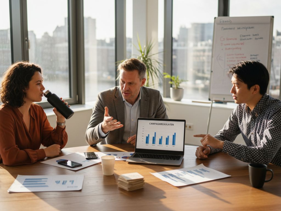 Het marketingteam overlegt samen in een zonnige kantoorruimte.