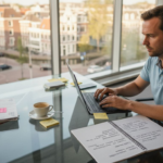 Een digital marketeer zit aan een glazen bureau en bekijkt aandachtig de resultaten van lopende campagnes.