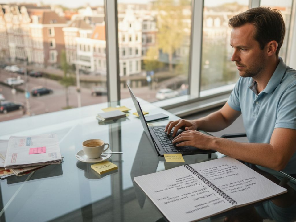 Een digital marketeer zit aan een glazen bureau en bekijkt aandachtig de resultaten van lopende campagnes.