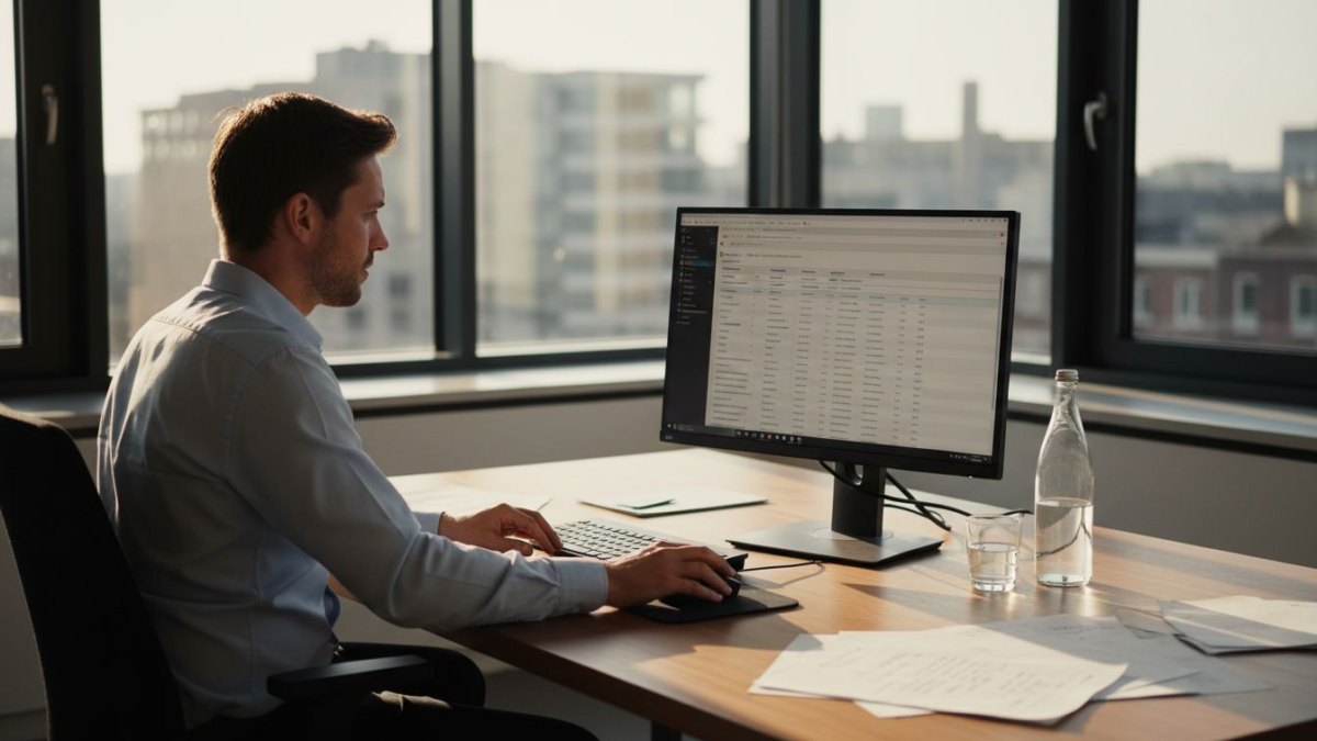Een manager bekijkt het voorraadoverzicht op zijn computerscherm terwijl hij aan zijn bureau zit.