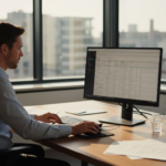 Een manager bekijkt het voorraadoverzicht op zijn computerscherm terwijl hij aan zijn bureau zit.