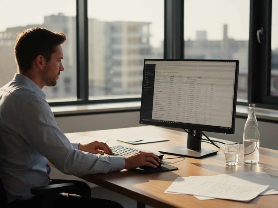 Een manager bekijkt het voorraadoverzicht op zijn computerscherm terwijl hij aan zijn bureau zit.