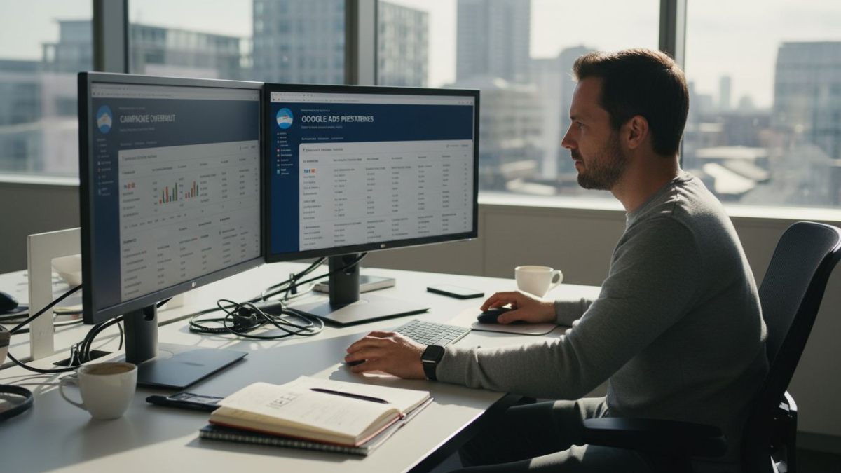 Op kantoor is de marketeer druk bezig met het finetunen van Google Ads-campagnes.