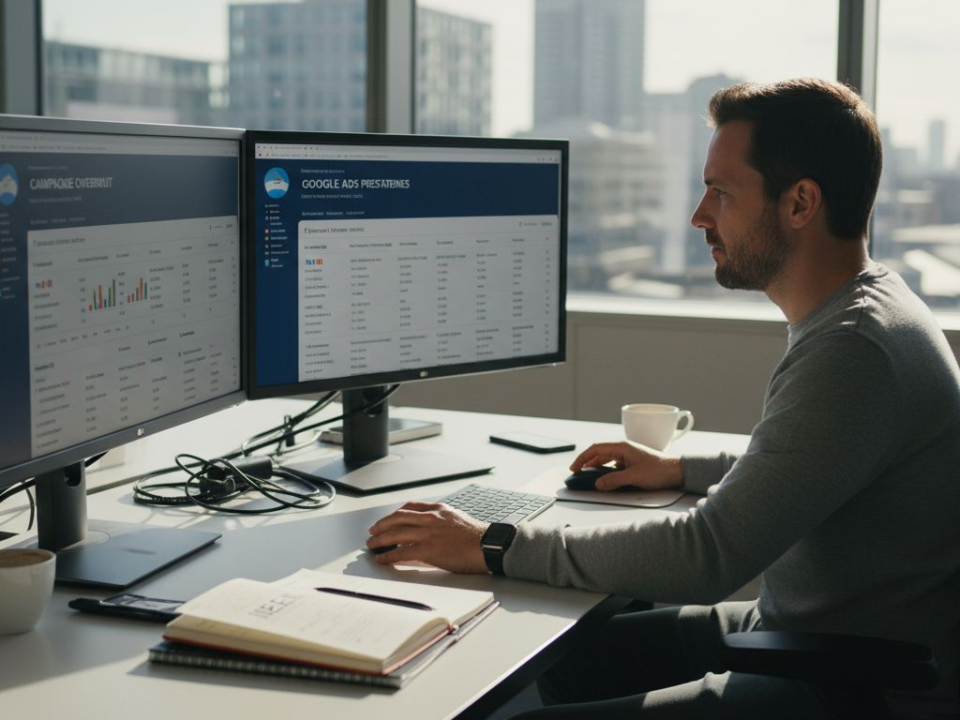 Op kantoor is de marketeer druk bezig met het finetunen van Google Ads-campagnes.