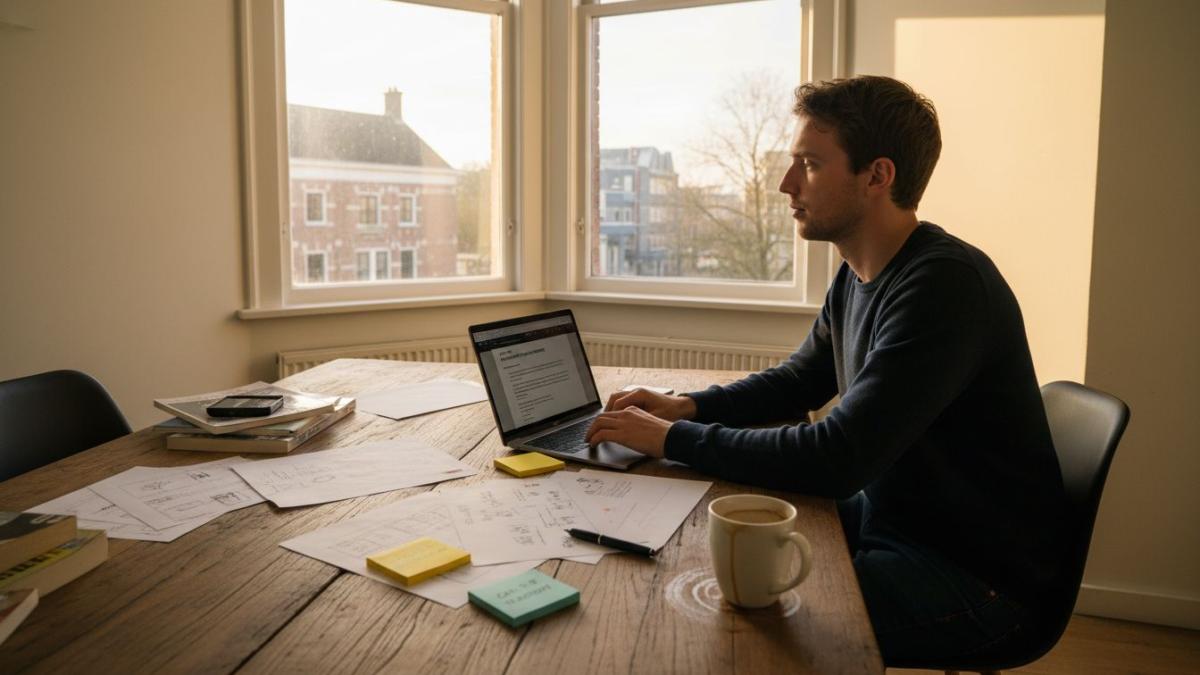 Een copywriter schrijft een pakkende marketingtekst op zijn werkplek.