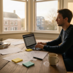 Een copywriter schrijft een pakkende marketingtekst op zijn werkplek.