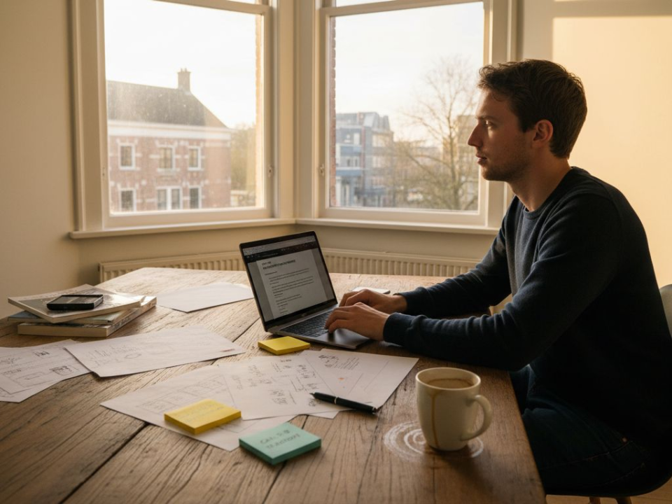 Een copywriter schrijft een pakkende marketingtekst op zijn werkplek.