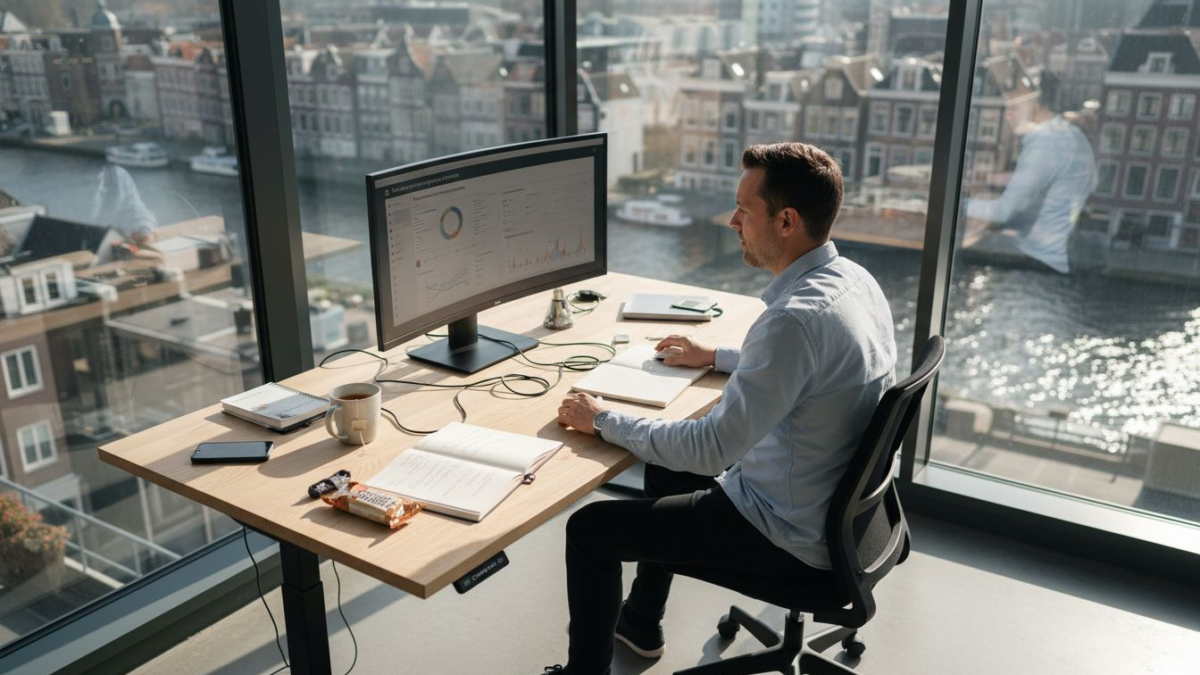 Een marketeer bekijkt advertenties vanuit zijn kantoorhoekje.