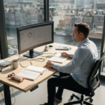 Een marketeer bekijkt advertenties vanuit zijn kantoorhoekje.