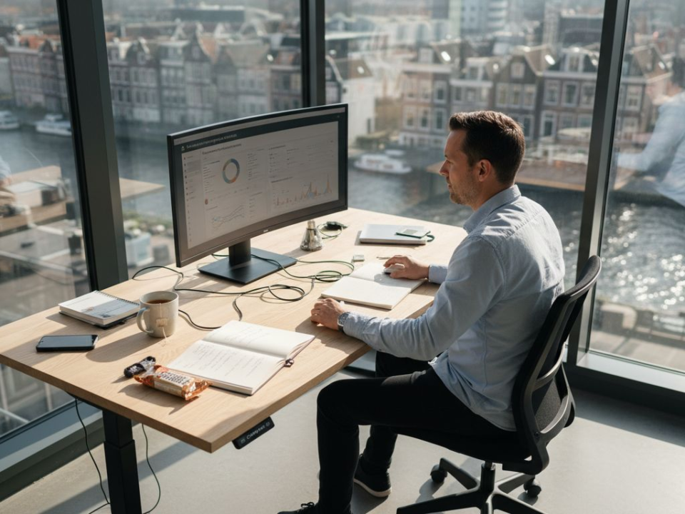 Een marketeer bekijkt advertenties vanuit zijn kantoorhoekje.