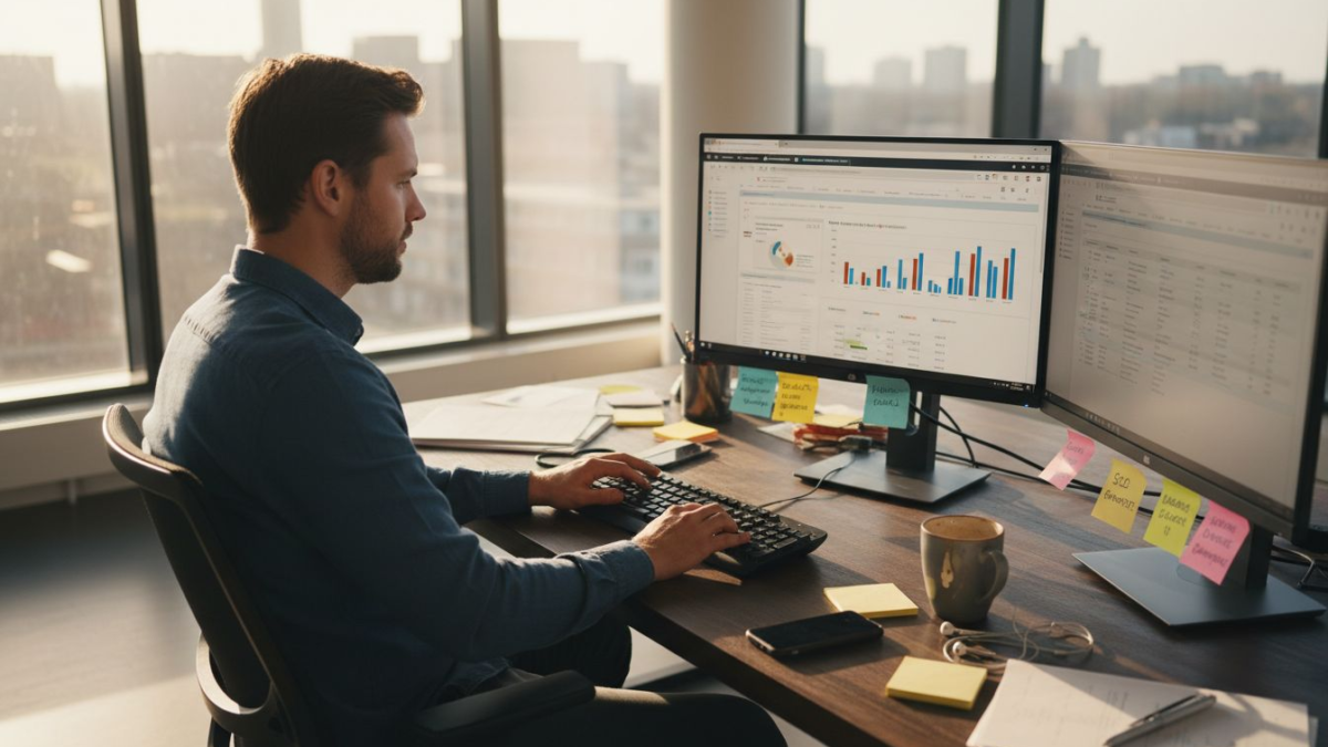 Marketeer achter zijn bureau bezig met het optimaliseren van productfeeds