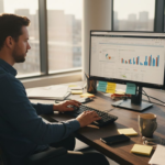 Marketeer achter zijn bureau bezig met het optimaliseren van productfeeds