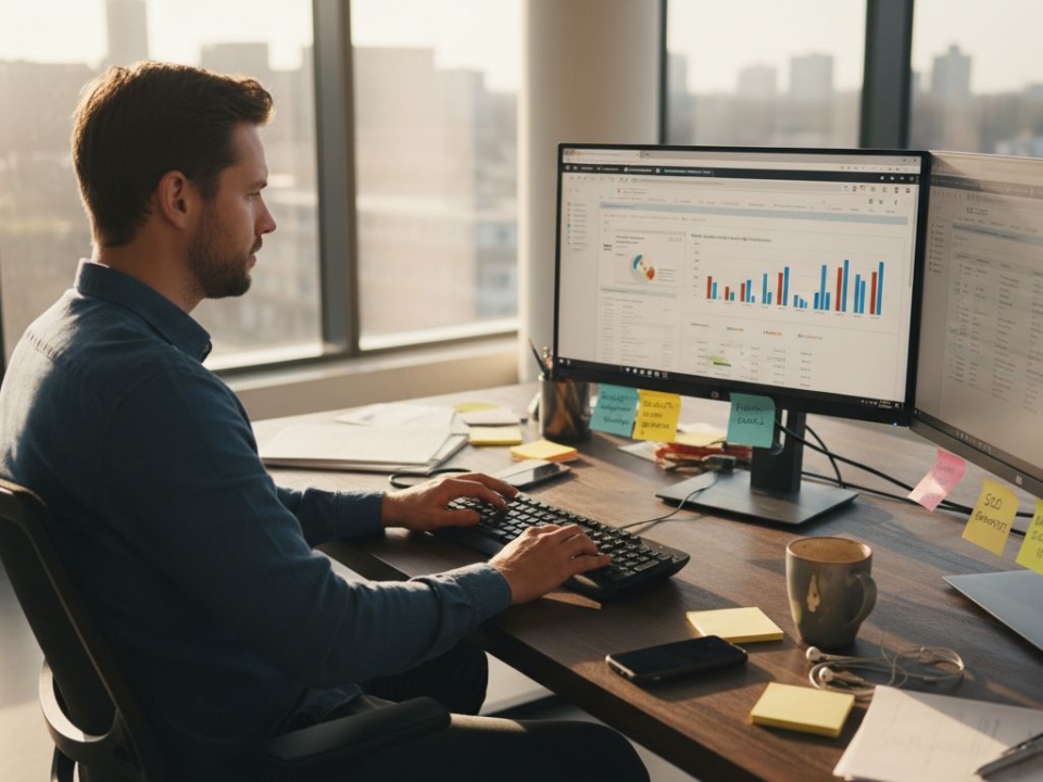 Marketeer achter zijn bureau bezig met het optimaliseren van productfeeds