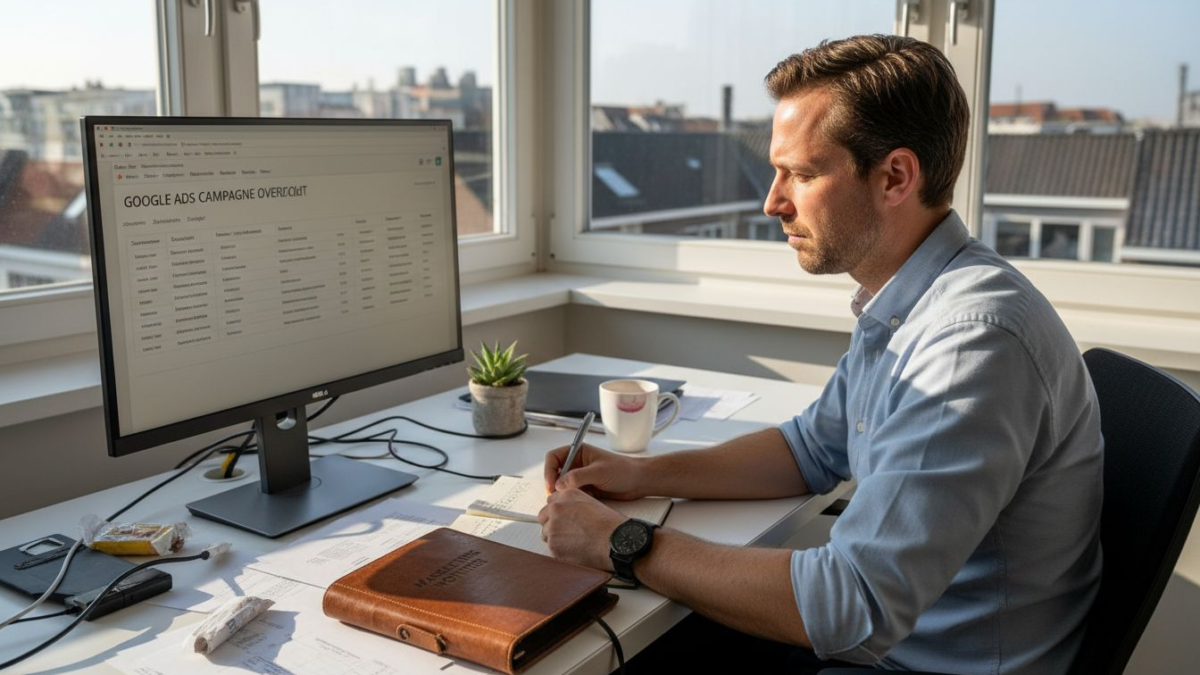 Een marketeer verdiept zich achter zijn bureau in de resultaten van Google Ads.