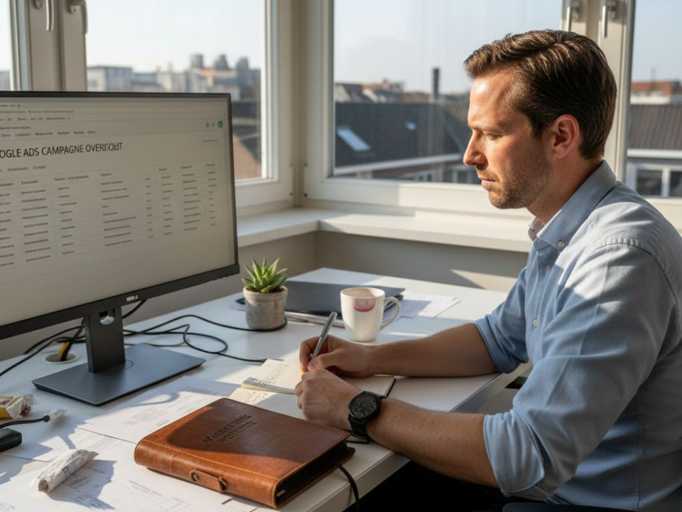 Een marketeer verdiept zich achter zijn bureau in de resultaten van Google Ads.