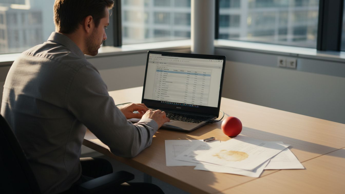 Een medewerker op kantoor bekijkt en beoordeelt de resultaten van een advertentie-audit.