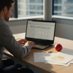 Een medewerker op kantoor bekijkt en beoordeelt de resultaten van een advertentie-audit.