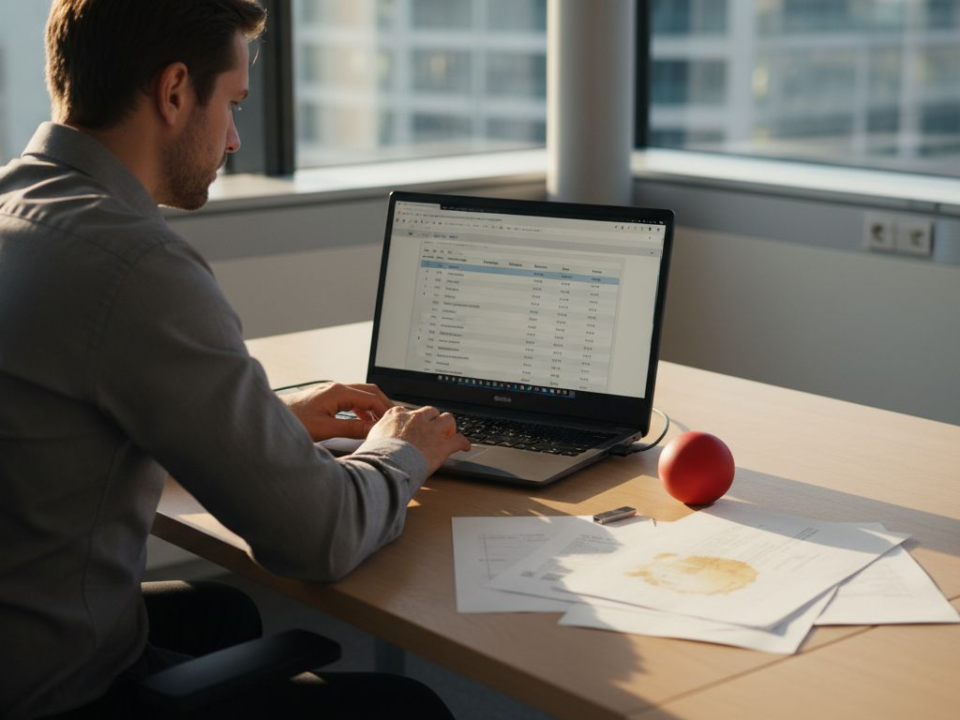 Een medewerker op kantoor bekijkt en beoordeelt de resultaten van een advertentie-audit.