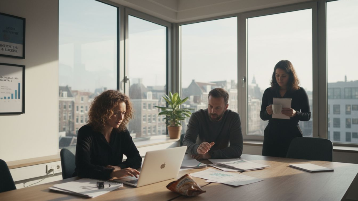 Een creatief team werkt samen aan reclamecampagnes in een lichte, moderne kantoorruimte.