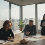 Een creatief team werkt samen aan reclamecampagnes in een lichte, moderne kantoorruimte.